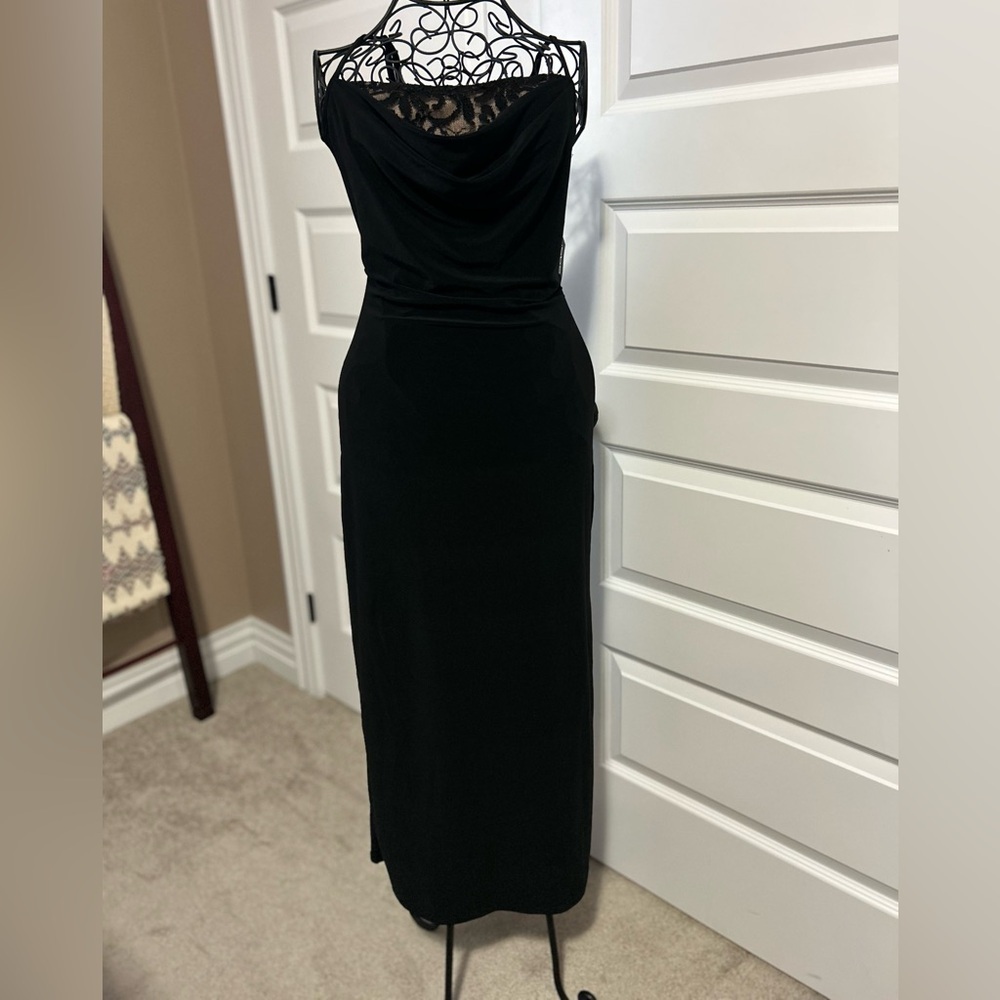 NWT bebe Black Maxi Bodycon Slip Dress with Spaghetti Straps and Lace neckline